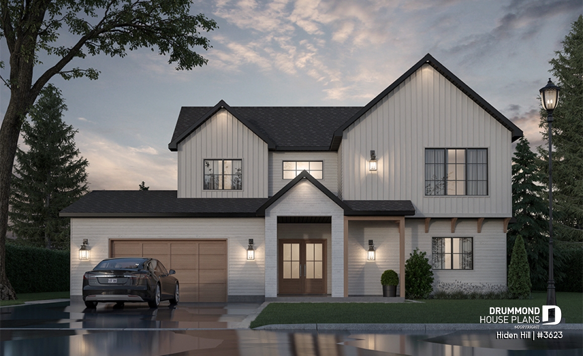 front - BASE MODEL - Modern two-story farmhouse with double garage, 3 bedrooms, superb natural light in the living room - Hiden Hill