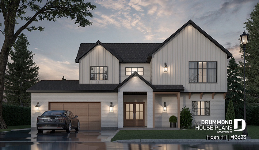 front - BASE MODEL - Modern two-story farmhouse with double garage, 3 bedrooms, superb natural light in the living room - Hiden Hill