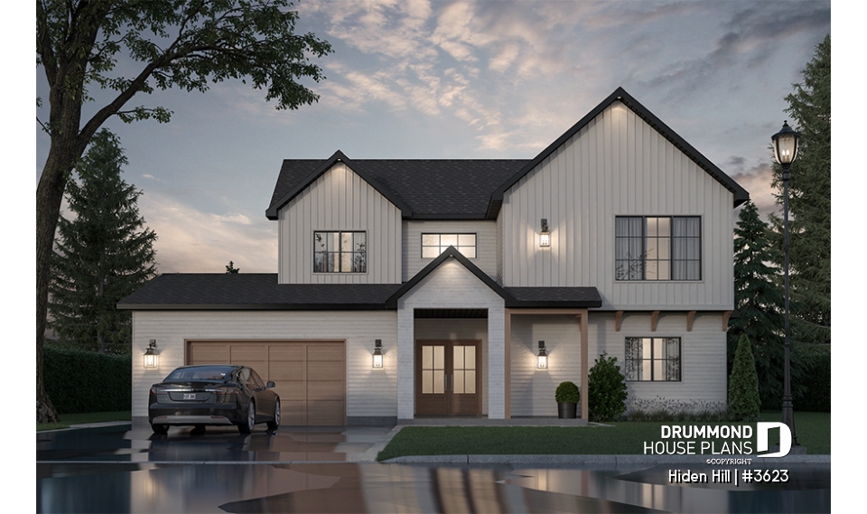 front - BASE MODEL - Modern two-story farmhouse with double garage, 3 bedrooms, superb natural light in the living room - Hiden Hill