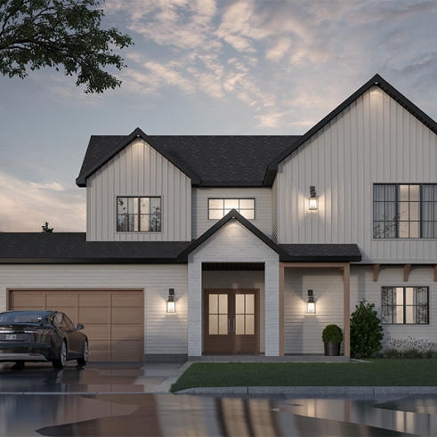front - BASE MODEL - Modern two-story farmhouse with double garage, 3 bedrooms, superb natural light in the living room - Hiden Hill
