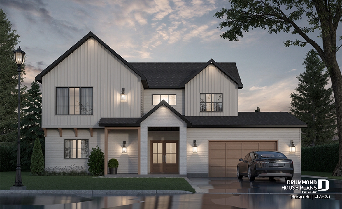 front - BASE MODEL - Modern two-story farmhouse with double garage, 3 bedrooms, superb natural light in the living room - Hiden Hill