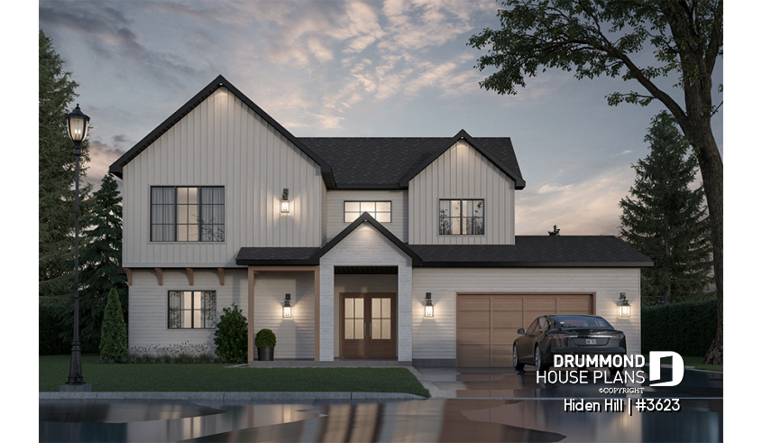 front - BASE MODEL - Modern two-story farmhouse with double garage, 3 bedrooms, superb natural light in the living room - Hiden Hill
