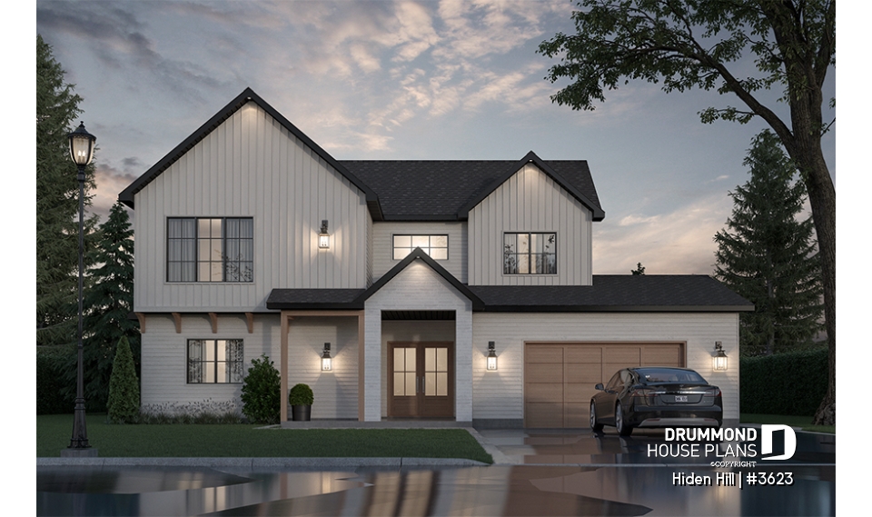 front - BASE MODEL - Modern two-story farmhouse with double garage, 3 bedrooms, superb natural light in the living room - Hiden Hill