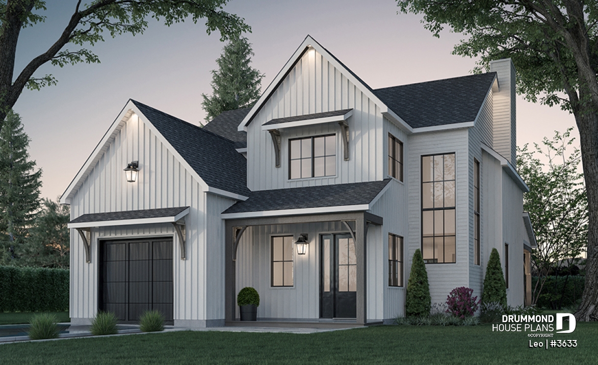 front - BASE MODEL - Farmhouse with 3 beds + den, 2 baths, garage, pantry in kitchen and open floor plan concept - Leo