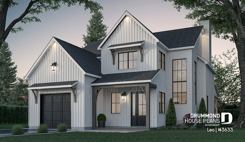 front - BASE MODEL - Farmhouse with 3 beds + den, 2 baths, garage, pantry in kitchen and open floor plan concept - Leo