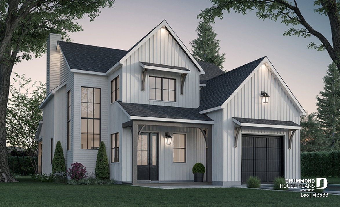 front - BASE MODEL - Farmhouse with 3 beds + den, 2 baths, garage, pantry in kitchen and open floor plan concept - Leo