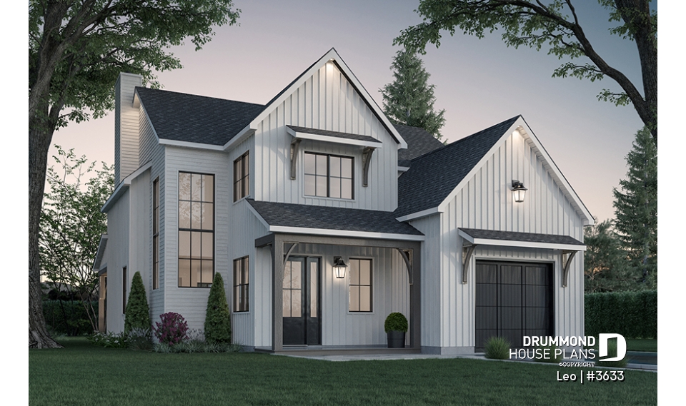 front - BASE MODEL - Farmhouse with 3 beds + den, 2 baths, garage, pantry in kitchen and open floor plan concept - Leo