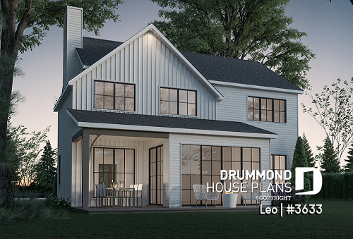 Rear view - BASE MODEL - Farmhouse with 3 beds + den, 2 baths, garage, pantry in kitchen and open floor plan concept - Leo