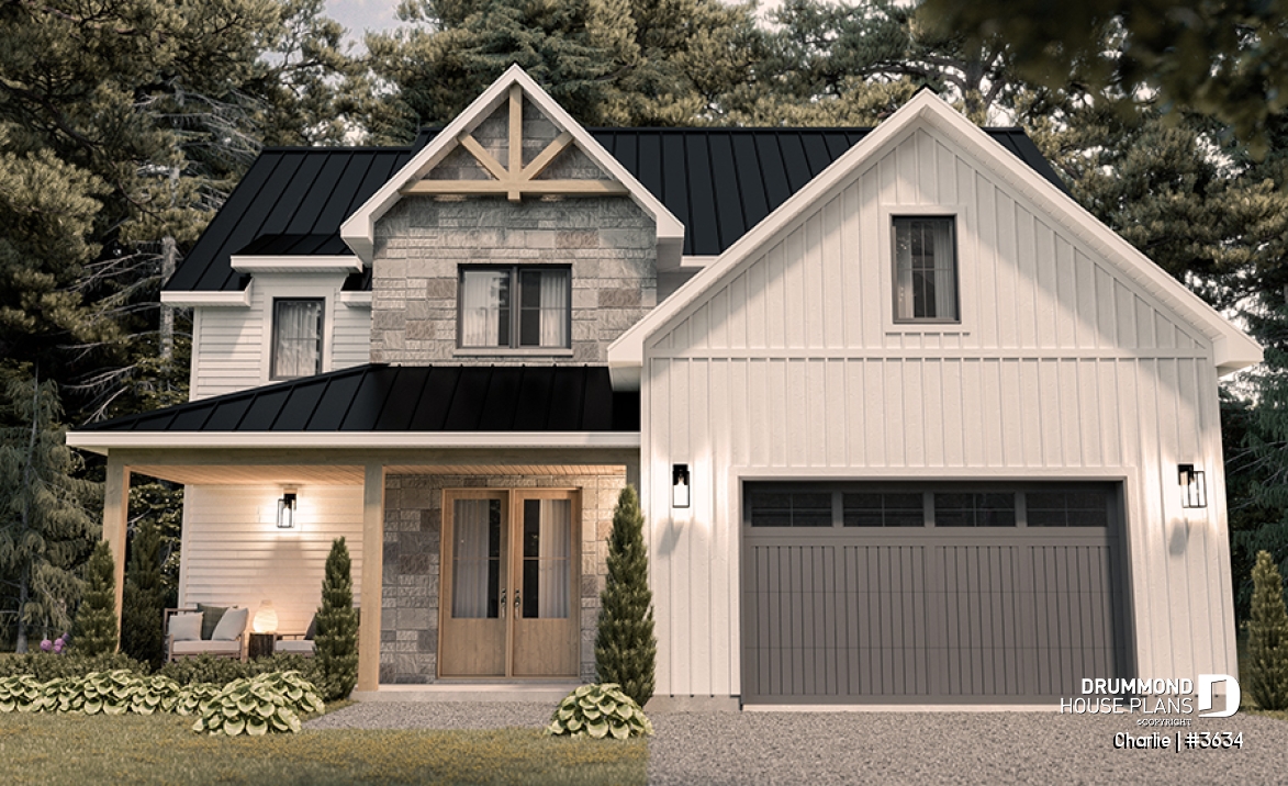 front - BASE MODEL - Farmhouse Home Design featuring 3 bedrooms, 2.5 bathrooms, garage with workshop area, and a covered terrace - Charlie