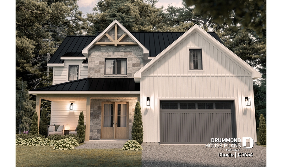 front - BASE MODEL - Farmhouse Home Design featuring 3 bedrooms, 2.5 bathrooms, garage with workshop area, and a covered terrace - Charlie