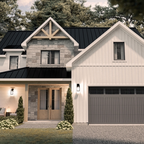 front - BASE MODEL - Farmhouse Home Design featuring 3 bedrooms, 2.5 bathrooms, garage with workshop area, and a covered terrace - Charlie