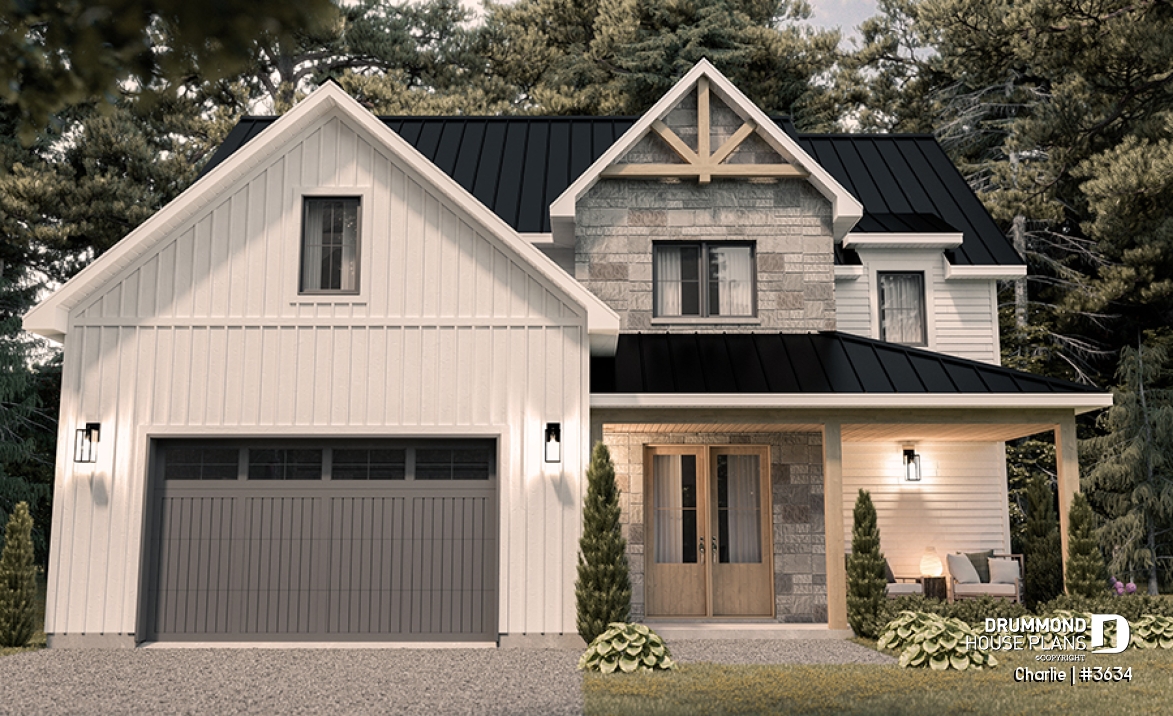 front - BASE MODEL - Farmhouse Home Design featuring 3 bedrooms, 2.5 bathrooms, garage with workshop area, and a covered terrace - Charlie