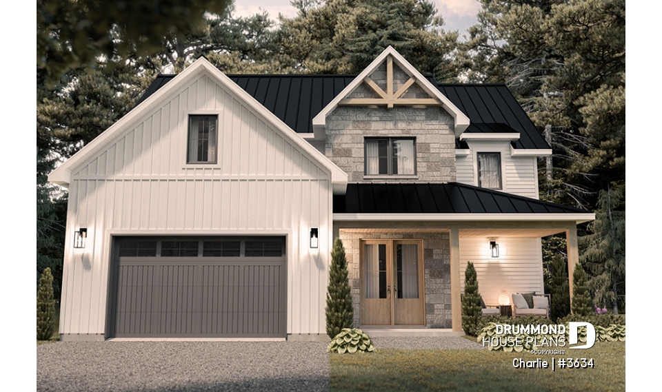 front - BASE MODEL - Farmhouse Home Design featuring 3 bedrooms, 2.5 bathrooms, garage with workshop area, and a covered terrace - Charlie