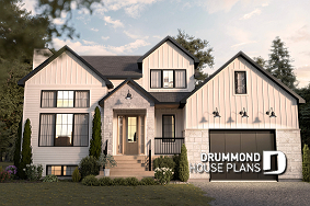 front - BASE MODEL - Modern farmhouse 4 bedrooms, garage, great living room with fireplace, cathedral and built-ins - Belanger