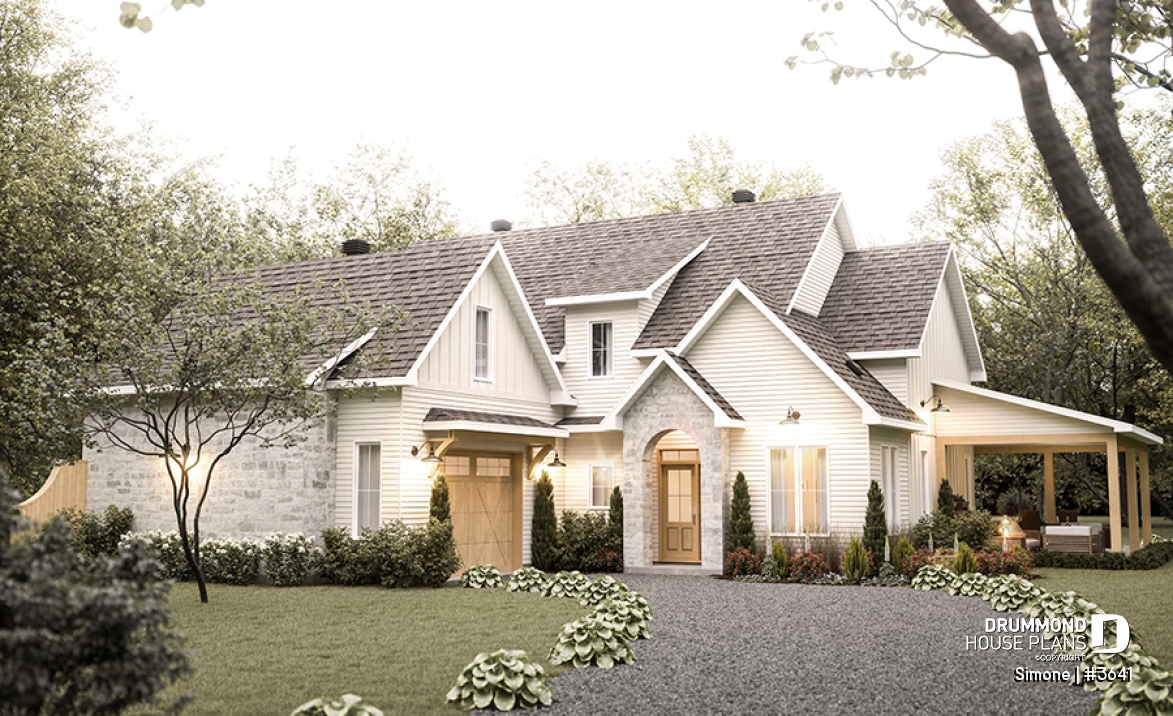 front - BASE MODEL - Stunning French Country Style Home, L-Shaped, No Basement, 3 to 4 Bedrooms, 2 Family Rooms - Simone