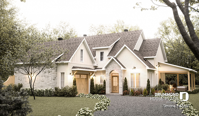 front - BASE MODEL - Stunning French Country Style Home, L-Shaped, No Basement, 3 to 4 Bedrooms, 2 Family Rooms - Simone