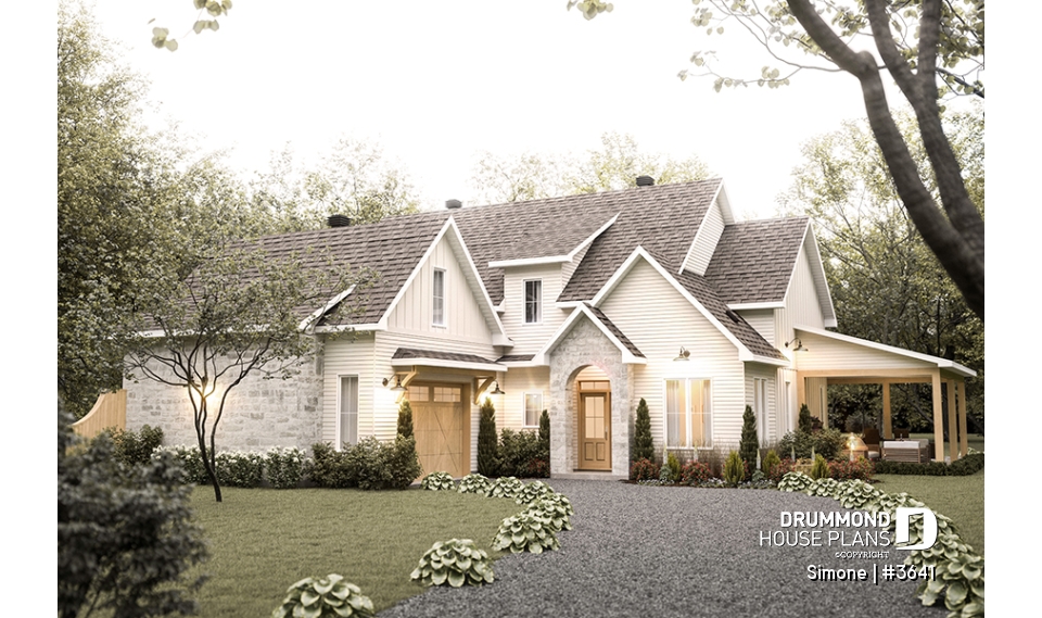 front - BASE MODEL - Stunning French Country Style Home, L-Shaped, No Basement, 3 to 4 Bedrooms, 2 Family Rooms - Simone