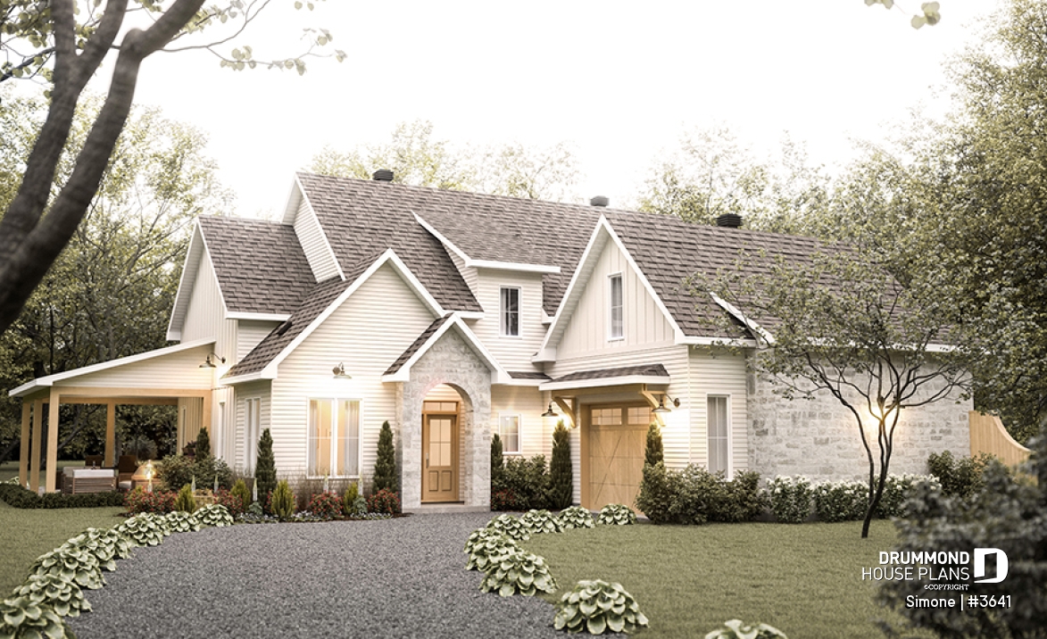 front - BASE MODEL - Stunning French Country Style Home, L-Shaped, No Basement, 3 to 4 Bedrooms, 2 Family Rooms - Simone