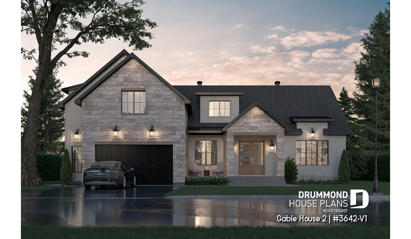 front - BASE MODEL - French country style home, 4 to 5 beds, 2.5 baths, master suite on main level, home office, 2-car garage - Gable House 2