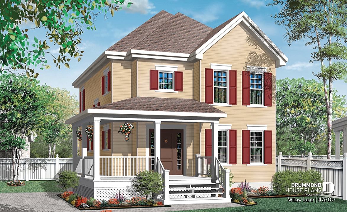 front - BASE MODEL - 2-story traditional home plan with wrap around porch, 3 bedrooms, 2-sided fireplace, kitchen island - Willow Lane