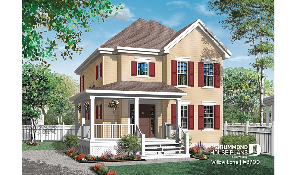 front - BASE MODEL - 2-story traditional home plan with wrap around porch, 3 bedrooms, 2-sided fireplace, kitchen island - Willow Lane