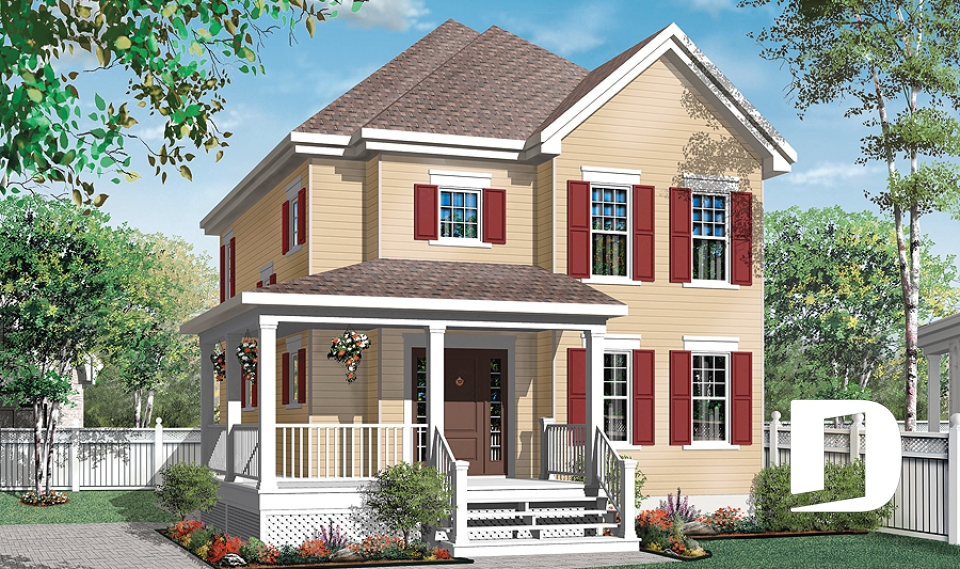 front - BASE MODEL - 2-story traditional home plan with wrap around porch, 3 bedrooms, 2-sided fireplace, kitchen island - Willow Lane