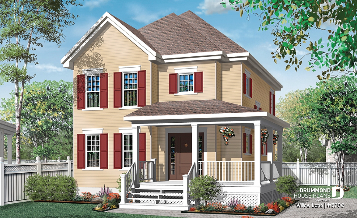 front - BASE MODEL - 2-story traditional home plan with wrap around porch, 3 bedrooms, 2-sided fireplace, kitchen island - Willow Lane