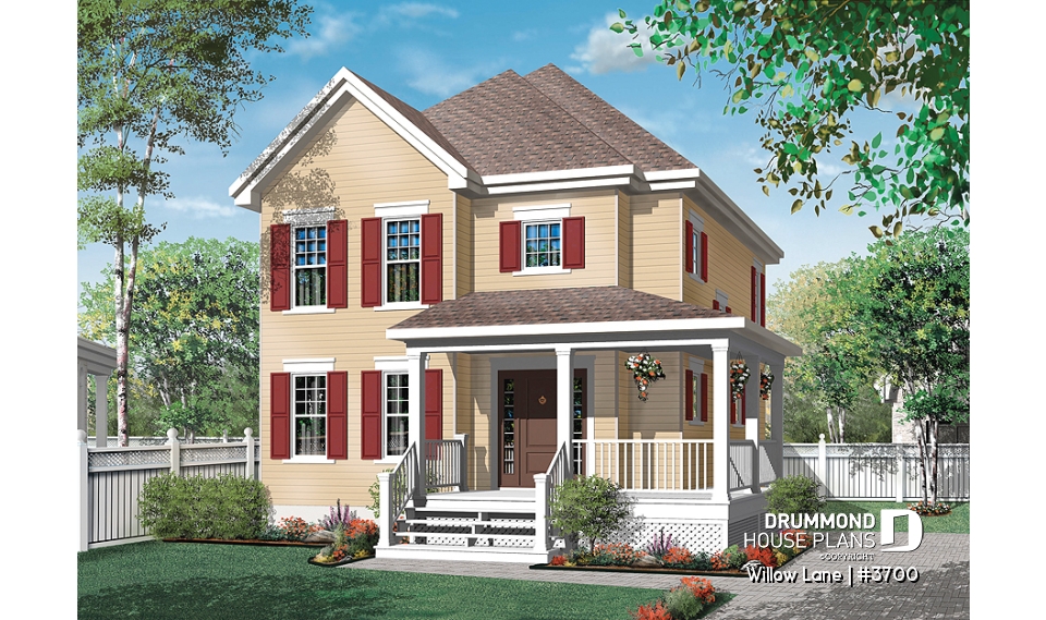 front - BASE MODEL - 2-story traditional home plan with wrap around porch, 3 bedrooms, 2-sided fireplace, kitchen island - Willow Lane