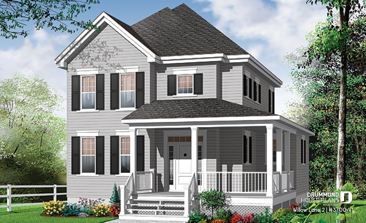 front - BASE MODEL - 2 storey colonial home with 3 bedrooms, home office, wraparound porch, economical house costs  - Willow Lane 2
