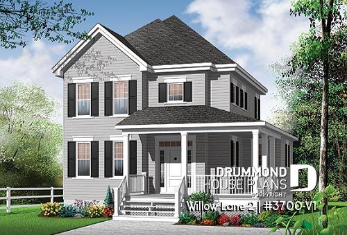 front - BASE MODEL - 2 storey colonial home with 3 bedrooms, home office, wraparound porch, economical house costs  - Willow Lane 2