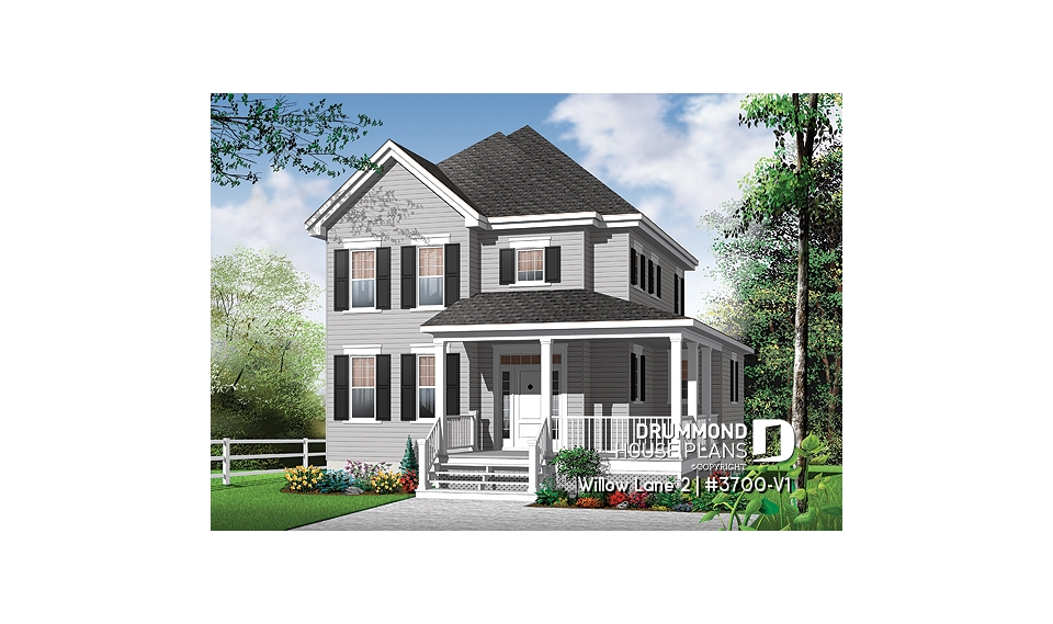 front - BASE MODEL - 2 storey colonial home with 3 bedrooms, home office, wraparound porch, economical house costs  - Willow Lane 2