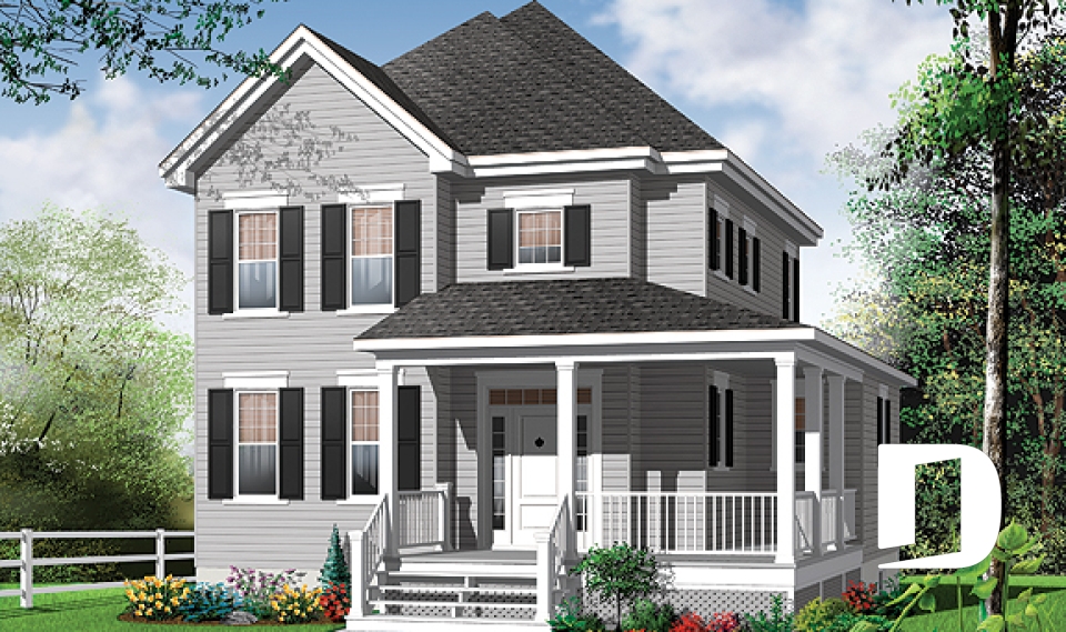 front - BASE MODEL - 2 storey colonial home with 3 bedrooms, home office, wraparound porch, economical house costs  - Willow Lane 2