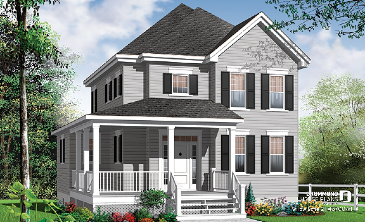 front - BASE MODEL - 2 storey colonial home with 3 bedrooms, home office, wraparound porch, economical house costs  - Willow Lane 2