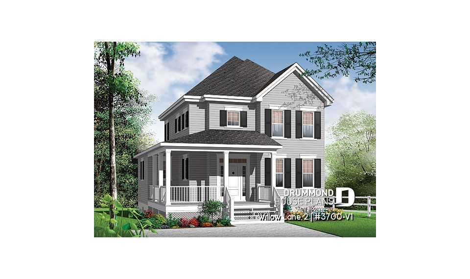 front - BASE MODEL - 2 storey colonial home with 3 bedrooms, home office, wraparound porch, economical house costs  - Willow Lane 2