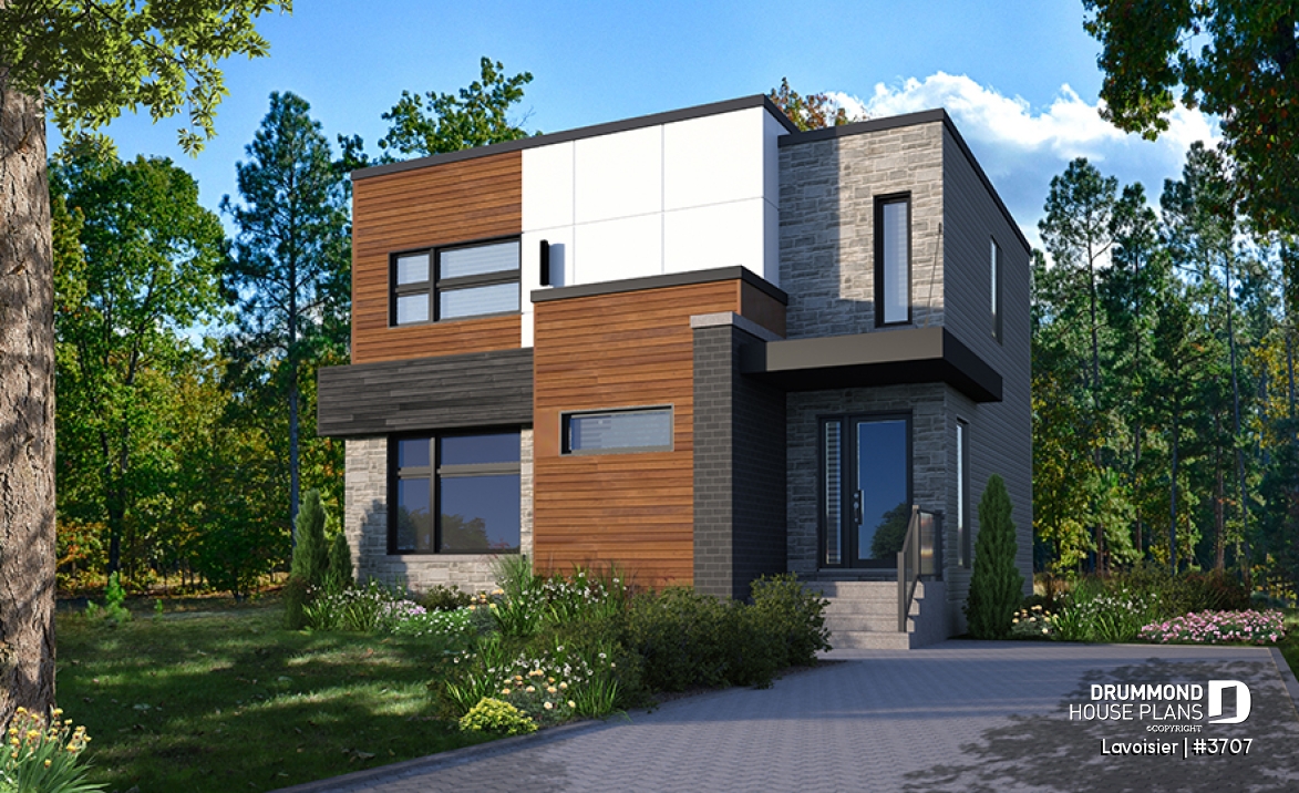 front - BASE MODEL - Two-storey modern cubic house plan with pantry, laundry room, kitchen island, 3 bedrooms, 1.5 baths - Lavoisier