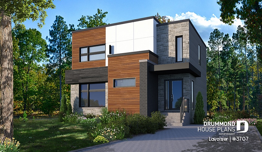 front - BASE MODEL - Two-storey modern cubic house plan with pantry, laundry room, kitchen island, 3 bedrooms, 1.5 baths - Lavoisier