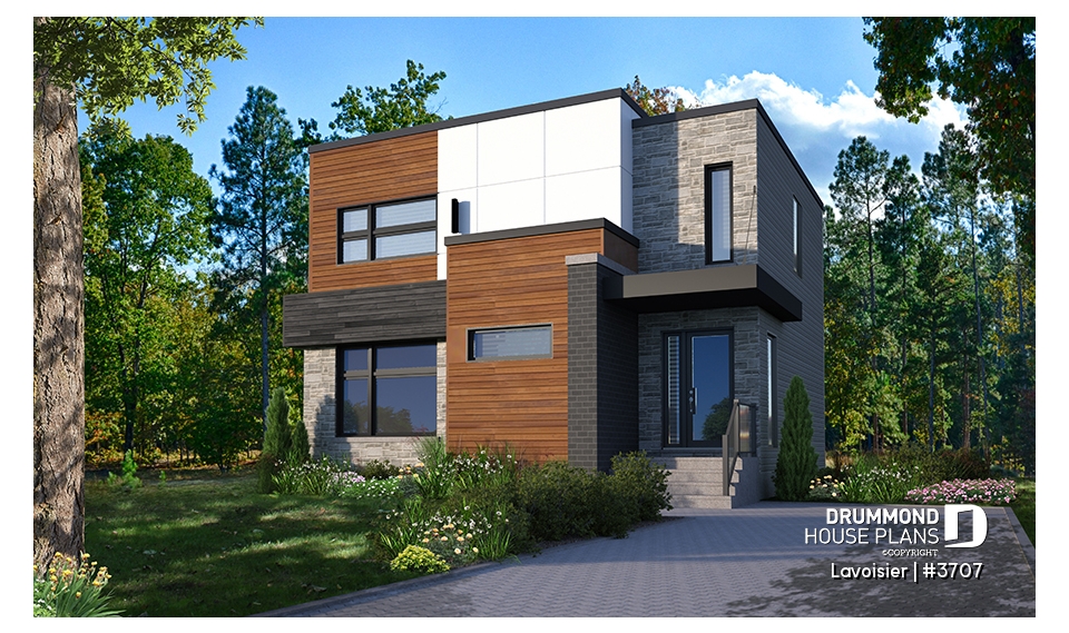 front - BASE MODEL - Two-storey modern cubic house plan with pantry, laundry room, kitchen island, 3 bedrooms, 1.5 baths - Lavoisier