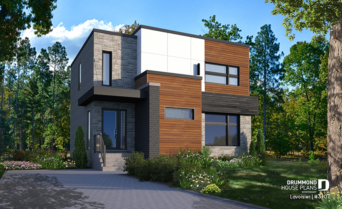 front - BASE MODEL - Two-storey modern cubic house plan with pantry, laundry room, kitchen island, 3 bedrooms, 1.5 baths - Lavoisier