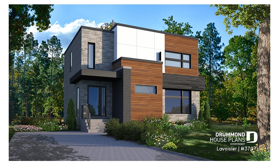 front - BASE MODEL - Two-storey modern cubic house plan with pantry, laundry room, kitchen island, 3 bedrooms, 1.5 baths - Lavoisier