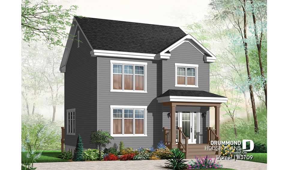 Color version 3 - Front - 2 storey, 3 bedroom American style home plan, open floor plan &amp;  large foyer, many foundation options avail. - Warner