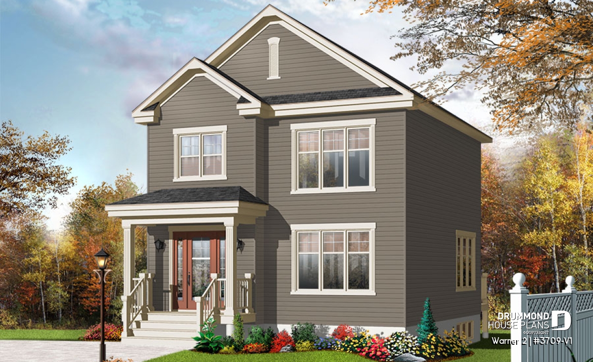 front - BASE MODEL - Very affordable American classic 2 storey home plan, 3 bedrooms, ideal for narrow building site - Warner 2