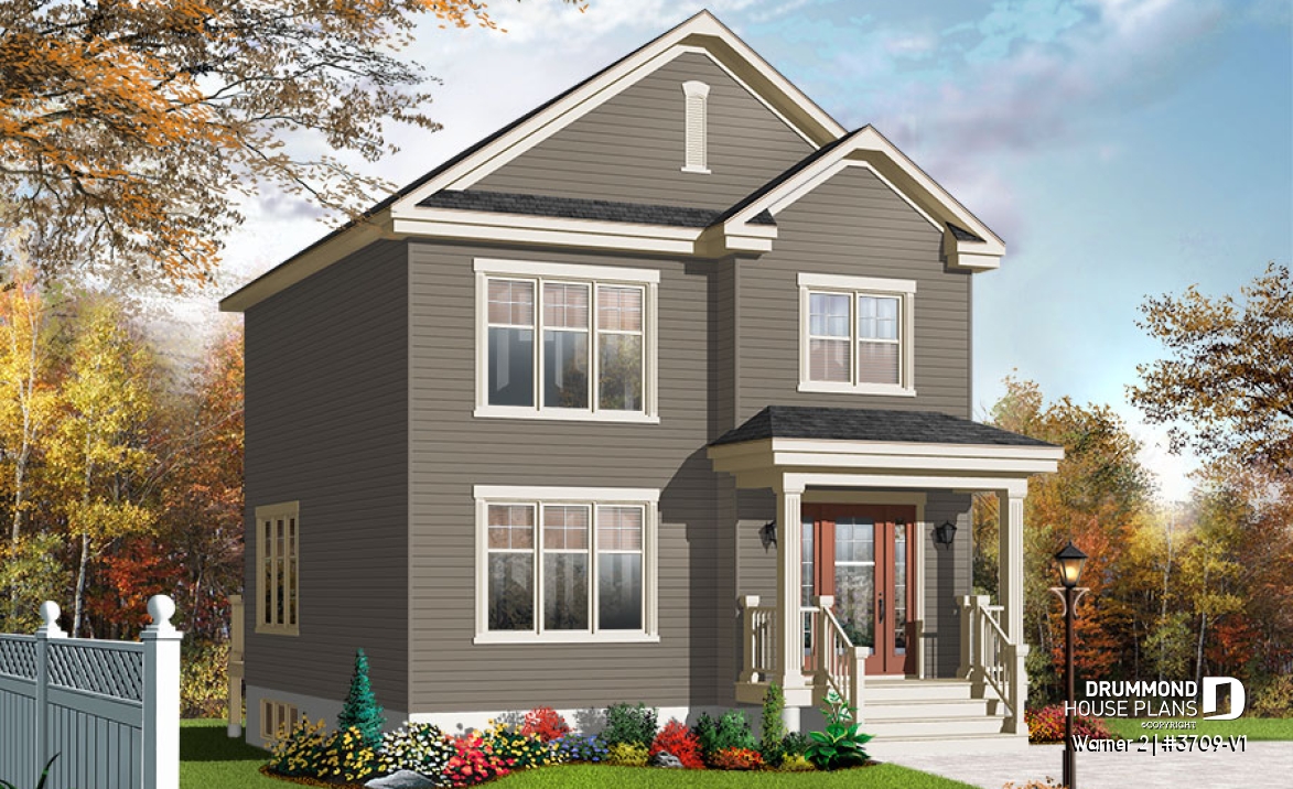 front - BASE MODEL - Very affordable American classic 2 storey home plan, 3 bedrooms, ideal for narrow building site - Warner 2