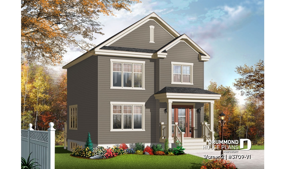 front - BASE MODEL - Very affordable American classic 2 storey home plan, 3 bedrooms, ideal for narrow building site - Warner 2