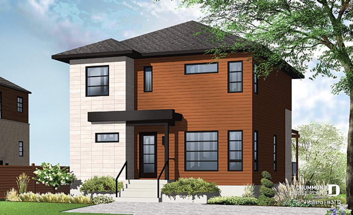 front - BASE MODEL - Spacious 3 bedroom contemporary house plan on two floors, open floor plan, large bathroom - Kallista