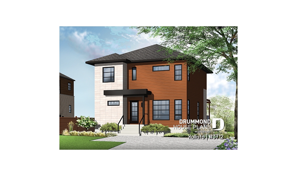 front - BASE MODEL - Spacious 3 bedroom contemporary house plan on two floors, open floor plan, large bathroom - Kallista