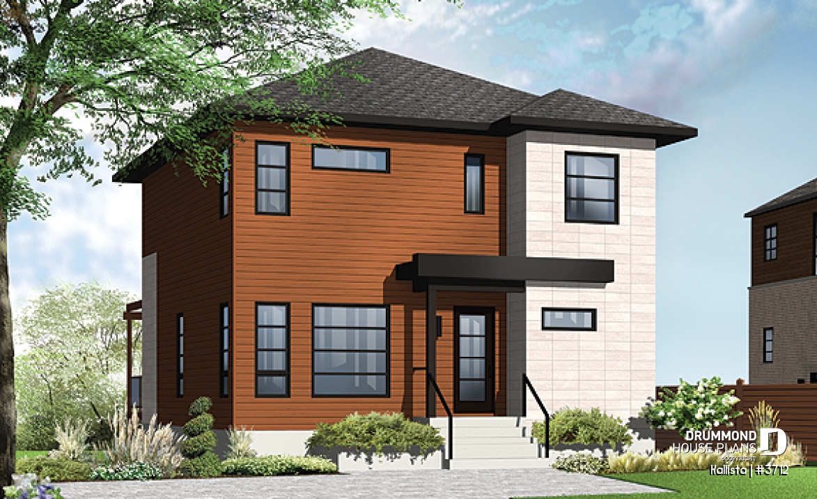 front - BASE MODEL - Spacious 3 bedroom contemporary house plan on two floors, open floor plan, large bathroom - Kallista