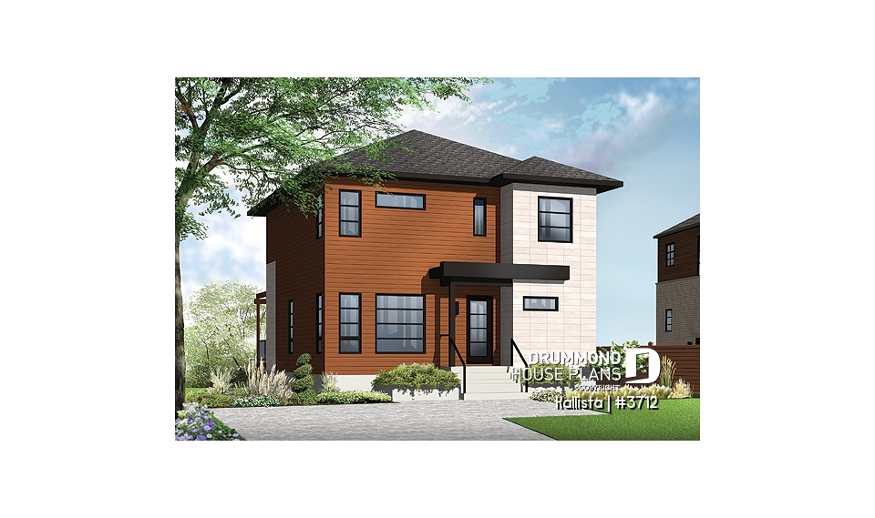 front - BASE MODEL - Spacious 3 bedroom contemporary house plan on two floors, open floor plan, large bathroom - Kallista