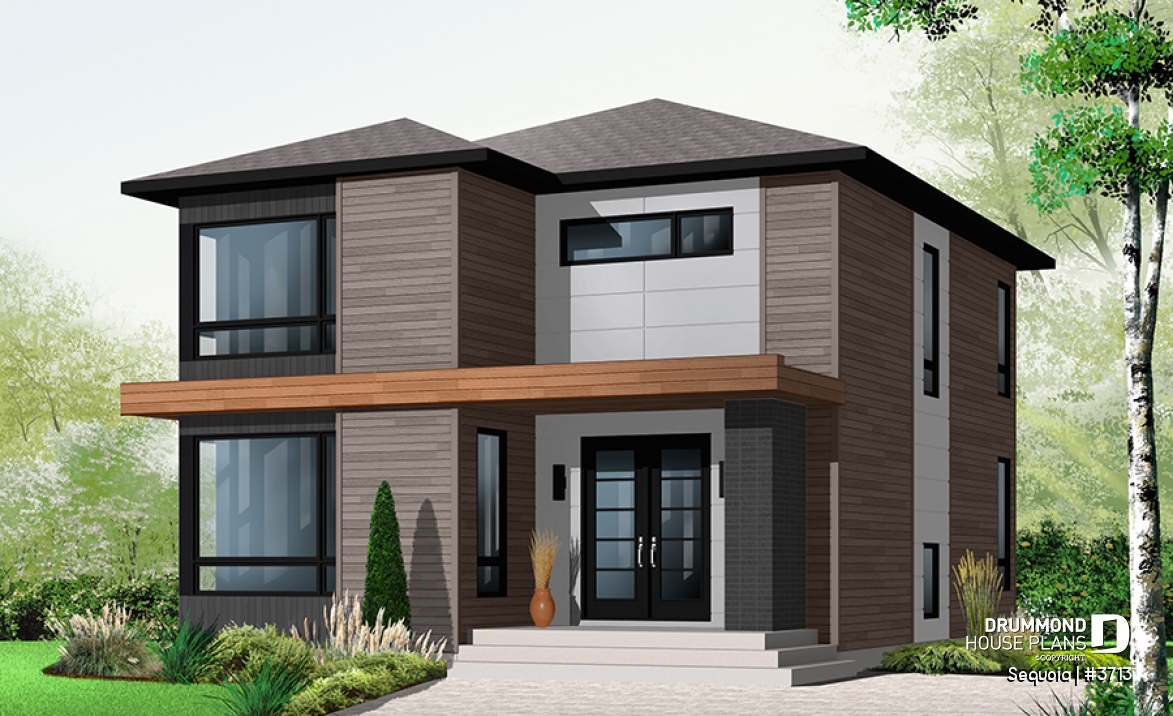 front - BASE MODEL - Attractive &amp; Affordable Small Contemporary home plan, 3 bedrooms with 2 family rooms, master with walk-in - Sequoia