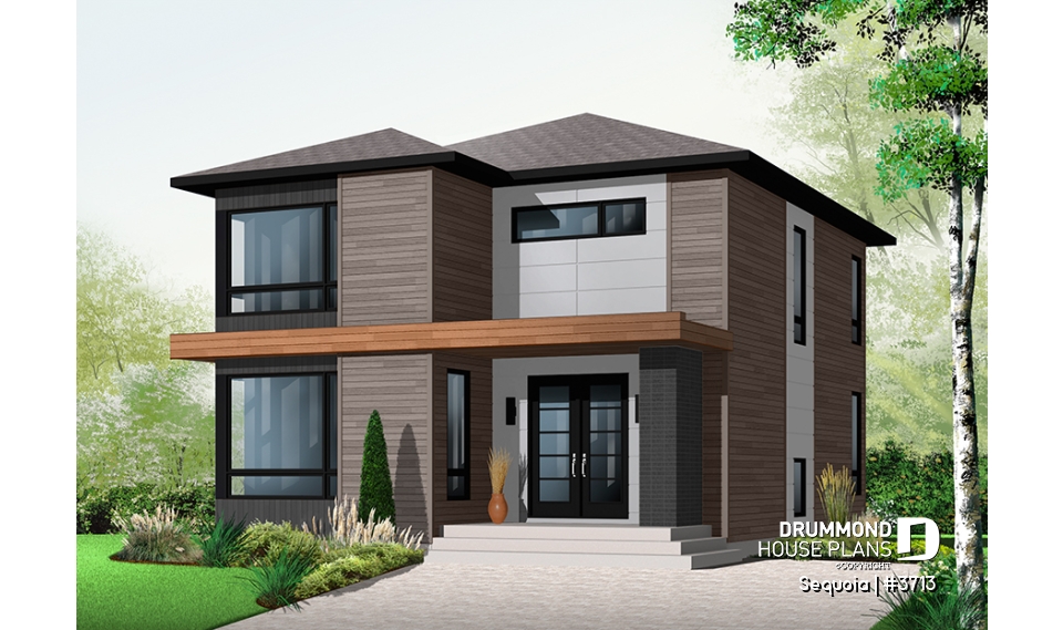 front - BASE MODEL - Attractive &amp; Affordable Small Contemporary home plan, 3 bedrooms with 2 family rooms, master with walk-in - Sequoia