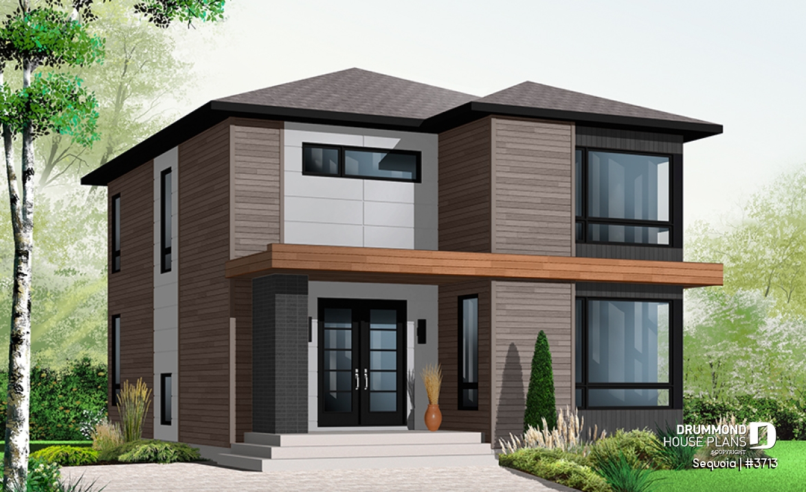 front - BASE MODEL - Attractive &amp; Affordable Small Contemporary home plan, 3 bedrooms with 2 family rooms, master with walk-in - Sequoia
